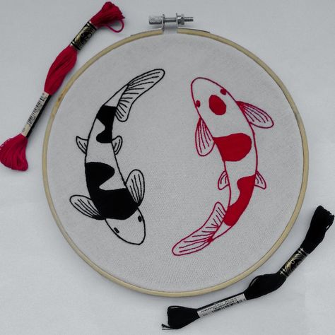 Koi Embroidery Patterns, Embroidered Koi Fish, Simple Fish Embroidery, Koi Fish Embroidery Pattern, Cool Embroidery Ideas, Fish Embroidery Pattern, Fish Embroidery Designs, Fishes Embroidery, Cool Embroidery Designs