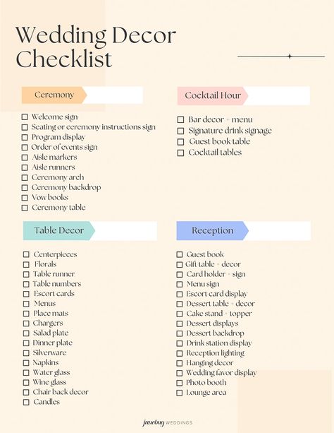 Use This Wedding Decor Checklist to Help You Nail Every Detail | Junebug Weddings Wedding Supply Checklist, Ceremony Extras Checklist, Wedding Design Checklist, Wedding Day Decor Checklist, Signage Checklist For Wedding, Wedding To Buy Checklist, Wedding Checklist To Buy, Essential Wedding Decorations, Ultimate Wedding Decor Checklist