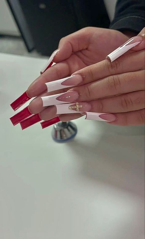 Red French Long Nails, Black French Red Bottom Nails, Latina French Tip Nails, Black French Tip With Red Bottoms, Red Bottom Nails French Tip, French Tip Red Bottom Nails, Red Design Nails Acrylic, Red N White Nails, Baddie French Tip Acrylic Nails