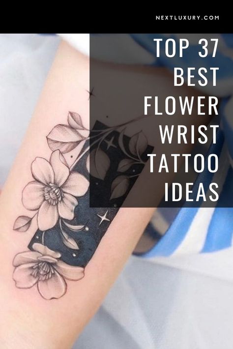 Flower wrist tattoos are a popular match of positioning, theme, and style. There are a range of tremendous options, from the inexpensive linework or black and gray flower tattoo, to highly detailed colorful realism and single needle designs. Black White Tattoo Woman, Black Flower Tattoos For Women, Black And Gray Flower Tattoos For Women, Dark Wrist Tattoo Cover Up, Wrist Flower Tattoos For Women, Cherry Blossom Wrist Tattoo, Flower Wrist Tattoos For Women, Black And Gray Flower Tattoo, Black And Grey Flower Tattoo