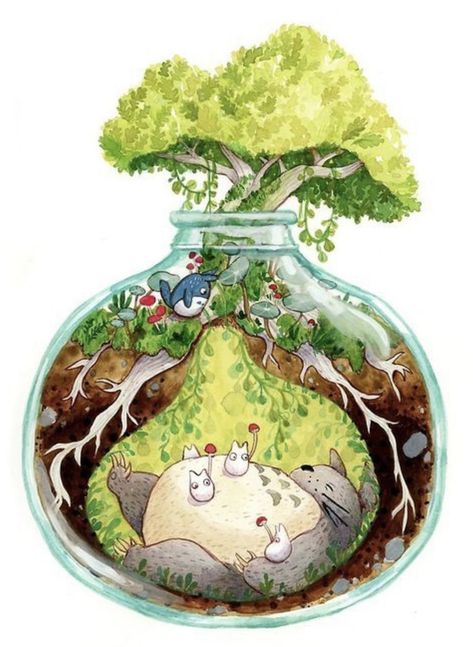 Totoro Art, 하울의 움직이는 성, Studio Ghibli Fanart, Ghibli Tattoo, Ghibli Artwork, Jar Art, Studio Ghibli Movies, Studio Ghibli Art, Ghibli Art