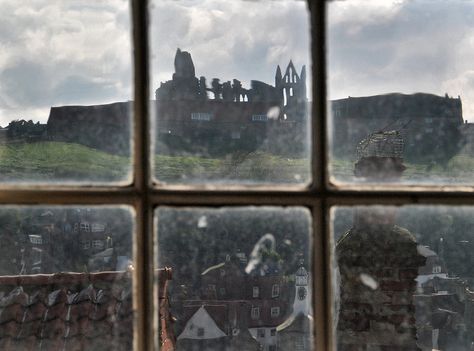 Whitby Abbey through window Whitby Aesthetic, Contemporary Movement, Rainy Window, Whitby Abbey, Gods Country, Amusement Parks, Planet Earth, Yorkshire, Beautiful Homes