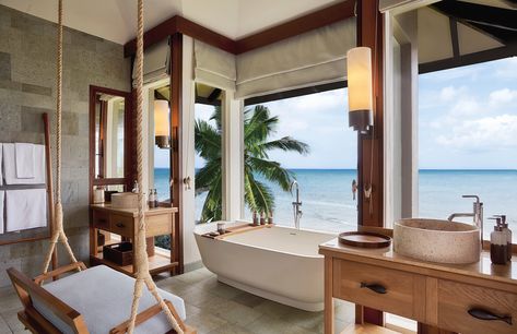 Island House Tropical, Hawaii Bathroom, Resort Bathroom, Unique Bathrooms, Asian House, Small Villa, Cozy Bathroom, 2 Storey House Design, Six Senses