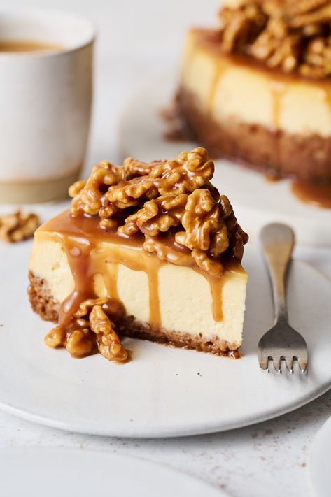 Maple Walnut Cheesecake - Baker by Nature Maple Walnut Cheesecake Recipe, Cheesecake With Walnut Crust, Walnut Crust Cheesecake, Maple Walnut Desserts, Apple Walnut Cheesecake, Maple Walnut Cheesecake, Maple Bourbon Cheesecake, Maple Pecan Cheesecake, Maple Cheesecake Recipe