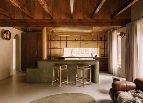 Home Tour | House in the Woods by dobrowolska.studio and Coucou Interiors Olive Green Kitchen, Green Kitchen Island, Timber Beams, Studio Interior, Green Tile, Design Del Prodotto, Tom Dixon, Forest House, Interior Photography