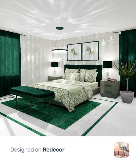 Royal Green Bedroom Aesthetic, Grey White And Green Bedroom Ideas, Emerald And White Bedroom, Emerald Green Bedroom Decor Inspiration, Emerald Green Bedding Decorating Ideas, Emerald Green And White Bedroom, Royal Green Bedroom, Emerald Green Aesthetic Bedroom, Emerald Bedroom Ideas