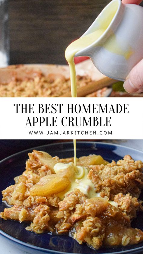 Homemade apple crumble crisp dessert recipe with custard English Crumble Recipe, Apple Crumble With Custard, Bramley Apple Recipe, Quick Apple Crumble, Apple Crumble Easy Quick, Apple Crumble Recipe Single Serving, Apply Crumble Recipe, British Apple Crumble Recipe, Bramley Apple Recipes