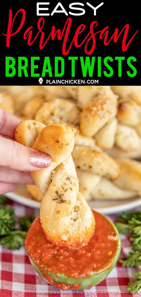 Easy Parmesan Bread Twists - made with refrigerated pizza dough! Tastes just like Domino's Parmesan Bread Twists! YUM! Only 5 ingredients - pizza dough, butter, garlic salt, parmesan cheese, and oregano. Ready to eat in about 15 minutes! Great with pizza, pasta, or just about anything! #breadsticks #bread #parmesan #pizza Plain Chicken Recipe, Freeze Pizza Dough, Pizza Twists, Bread Twists, Parmesan Pizza, Refrigerated Pizza Dough, Parmesan Bread, Bread Sticks Recipe, Garlic Breadsticks