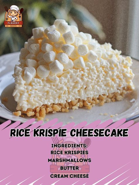 🍰 Treat yourself with Rice Krispie Cheesecake! #DessertHeaven #Cheesecake Rice Krispie Cheesecake Ingredients: Rice Krispies (2 cups) Marshmallows (1 cup) Butter (1/4 cup) Cream cheese, softened (16 oz) Sugar (1 cup) Vanilla extract (1 tsp) Heavy cream (1 cup) Gelatin (1 packet) Instructions: Melt butter and marshmallows, mix with Rice Krispies. Press into a pan for the crust. Beat cream cheese, sugar, and vanilla until smooth. Dissolve gelatin in heavy cream, fold into cream cheese mixtu... Rice Krispie Cheesecake, Raspberry Cheesecake Bites, Cheesecake Ingredients, Cake Mix Cookie Recipes, Butter Rice, Cheesecake Bites, Raspberry Cheesecake, Rice Krispie, Cake Mix Cookies