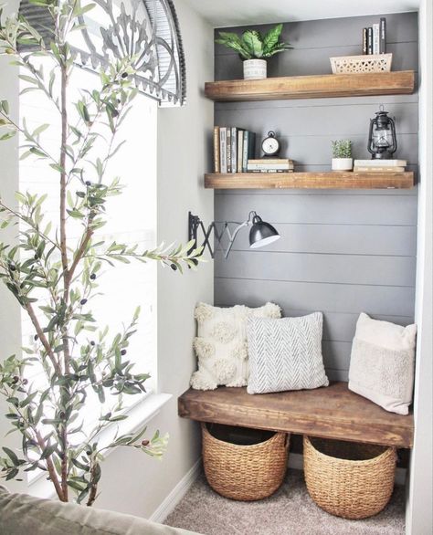 Herringbone Accent Wall, Grey Accent Wall, Mudroom Decor, Interior Inspo, Reading Nook, Home Decor Inspiration, Guest House, Nook, Home Projects