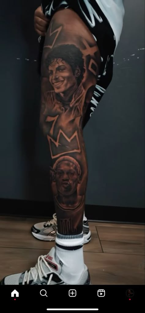 Leg Tattoos For Guys Ideas, Black Leg Sleeve Tattoo, Hype Beast Tattoo, Devin Haney Leg Tattoo, Leg Tattoo Men Black, Portrait Leg Sleeve Tattoo, Full Leg Sleeve Tattoo Male, Men Leg Sleeve Tattoo Ideas, Leg Tattoo Men Sleeve