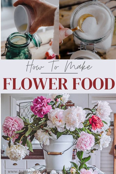 Diy Flower Food For Vase, Diy Flower Food Water, Store Bought Flowers Tips, Keep Flowers Fresh Longer Vase, Flower Food Diy Water, Longest Lasting Cut Flowers, How To Keep Cut Flowers Fresh Longer, Spring Cut Flowers, Fresh Flower Crafts