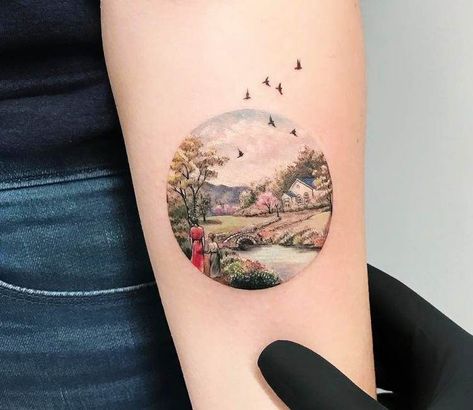 Landscape tattoo by Eva Krbdk #LandscapeTattoo Beach Landscape Tattoo, Landscape Tattoo Sleeve, Miniature Tattoos, Circular Tattoo, Circle Tattoo, Circle Tattoos, Handpoke Tattoo, Landscape Tattoo, Detailed Tattoo