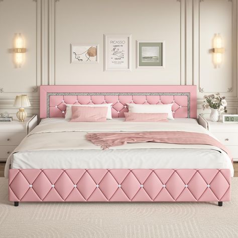 PRICES MAY VARY. Romantic Luxury Bed Frame—This king bed frame with headboard is made from soft, skin-friendly leather fabric and high-density filling foam for a comfortable sleep experience. The diamonds at the head and foot of the bed sparkle under the light, creating a romantic atmosphere in the bedroom. Sturdy Bed Frame Construction—Upholstered bed frame king features a sturdy steel frame and 12 strong wooden slats with 12 legs to ensure durability and stability. EVA strips between the metal Pink Tufted Bed, Luxury Bed Frames, Tufted Bed Frame, Bed Frame Upholstered, Modern Style Bed, 12 Strong, Diamond Tufted Headboard, Velvet Bed Frame, Pink Bed