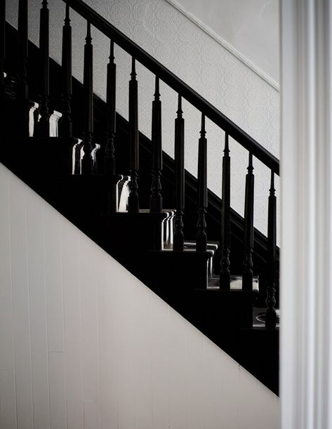 Yanakos — Leanne Ford Interiors Black Painted Stairs, 2000s House, Hallway Update, Leanne Ford Interiors, House Improvement Ideas, Stairs And Hallway Ideas, Black Staircase, Dark Feminine Era, Circular Stairs