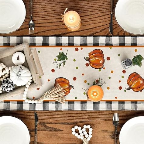 Fall Kitchen Table Decor, Fall Kitchen Table, Harvest Dining Table, Thanksgiving Dining, Table Runner Fall, Fall Table Runner, Dining Table Decoration, Halloween Table Runners, Birdhouse Designs