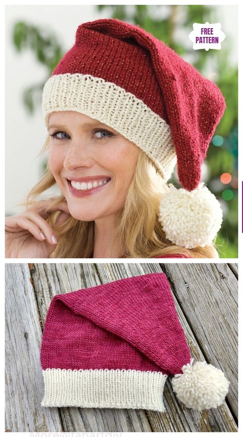 Knit Christmas Santa Hat Free Knitting Patterns Knitting Doodles, Knit Santa Hat, Holiday Knitting, Santa Hat Pattern, Christmas Knitting Patterns Free, Santa Klaus, Easy Knitting Patterns Free, Holiday Knits, Knit Christmas