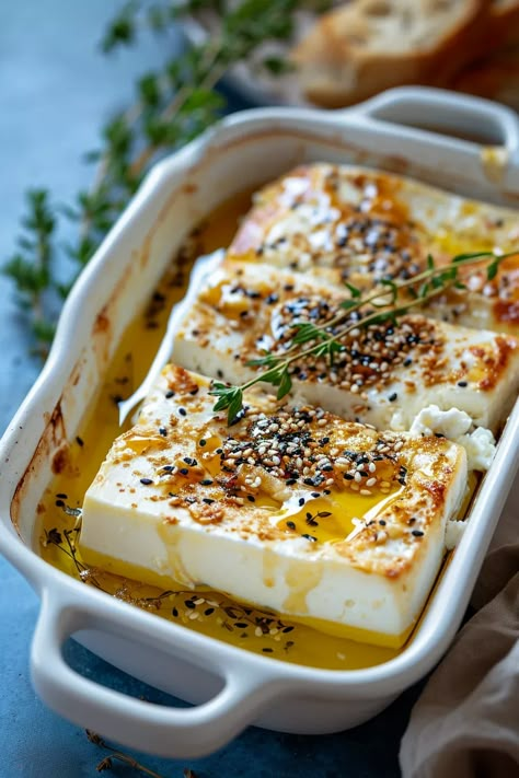 Albanian Baked Feta with Honey and Sesame Seeds - Cooking Mediterranean Unique Sweet Recipes, Albanian Breakfast, Baked Feta With Honey, Feta With Honey, Baked Feta Recipe, Albanian Food, Antipasto Recipes, Mezze Platter, Cheese And Honey