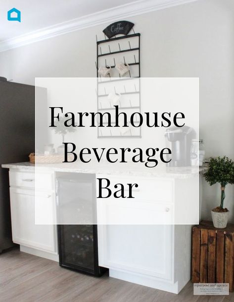 I've always wanted a beverage bar and when we moved to our rustic beach cottage I finally got my opportunity to build it.  There just so happened to be a bare wall across from the kitchen where I could move the fridge to create my DIY beverage bar. Diy Beverage Bar, Rustic Beach Cottage, Buying A Manufactured Home, Repurposed Candle Holders, Industrial Farmhouse Lighting, Pallet Potting Bench, Moving Expenses, Old Washing Machine, Add A Room