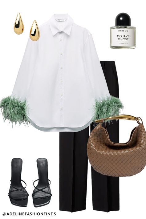 White blouse with green feathers, black trousers, black highheels, byredo parfume and golden earrings
#outfit #moda #luxuryaccessoires #dailystyle #fashionista  #waystostyle #effortlesslychic #outfitinspiration #herbst
#casualweekendstyle #ootdinspo #outfitoftheday #autumnstyle #byredo #bottegaveneta
#fashionblogger #highstreetfashion #outfitideasforyou  #newcollection
#dailyoutfitinspo #casualsmart #zara Feather Shirt Outfit, Blouse With Feathers, Feather Outfit, Grey Knitwear, Casual Weekend Style, Green Feathers, Glam Outfit, Brunch Outfit, Feminine Outfit