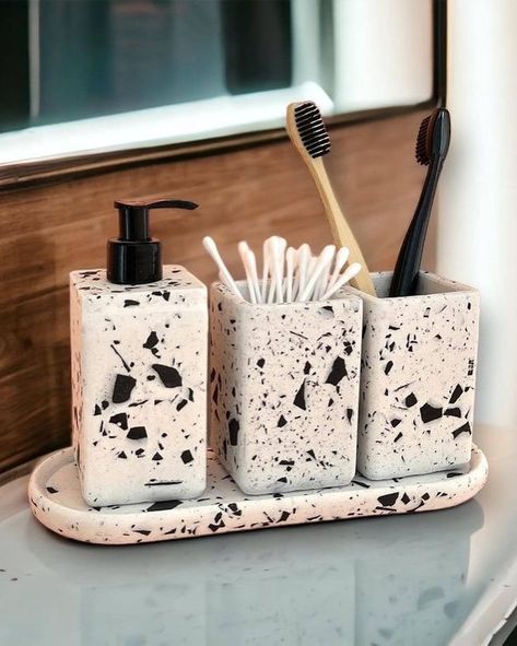 Transform your bathroom into a tranquil oasis with Just Serene’s aesthetic bathroom sets #bathroomdecor #homedecor #bathroomsets #aestheticbathroom #serenebathroom #bathroominspiration #bathroomgoals #homesweethome #bathroomessentials #bathroommusthaves #justserene White Soap Dispenser, Terrazzo Bathroom, Black Terrazzo, White Soap, Serene Bathroom, Aesthetic Bathroom, Bathroom Goals, Bathroom Accessory Set, White Concrete