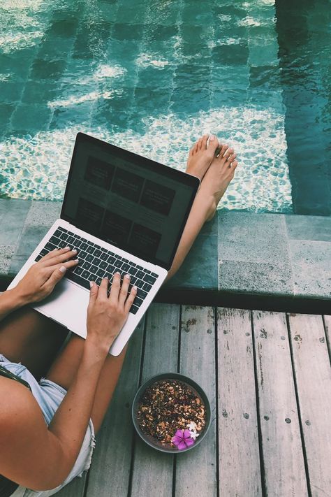 Working remotely from a pool | Remote work, Laptop lifestyle, Digital nomad jobs #vacationlogo #compass #organic Work From Anywhere Images, Work Remote Aesthetic, Working Outside Aesthetic, Remote Worker Aesthetic, Remote Jobs Aesthetic, Work From Anywhere Aesthetic, Work Remotely Aesthetic, Remote Working Aesthetic, Remote Job Vision Board