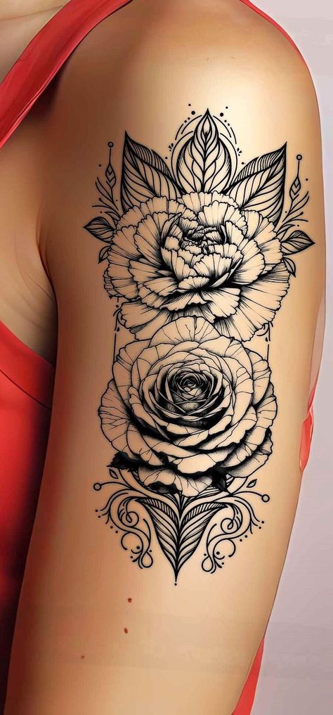 Carnation and Rose Flower Tattoo - Ornamental Style,  on ArtStation at https://www.artstation.com/artwork/qeWmOz Carnation And Rose Tattoo Design, Rose And Chrysanthemum Tattoo, Carnation And Rose Tattoo, Rose And Carnation Tattoo, Rose Hold, Rose Flower Tattoo, Carnation Flower Tattoo, A Rose Tattoo, Carnation Tattoo