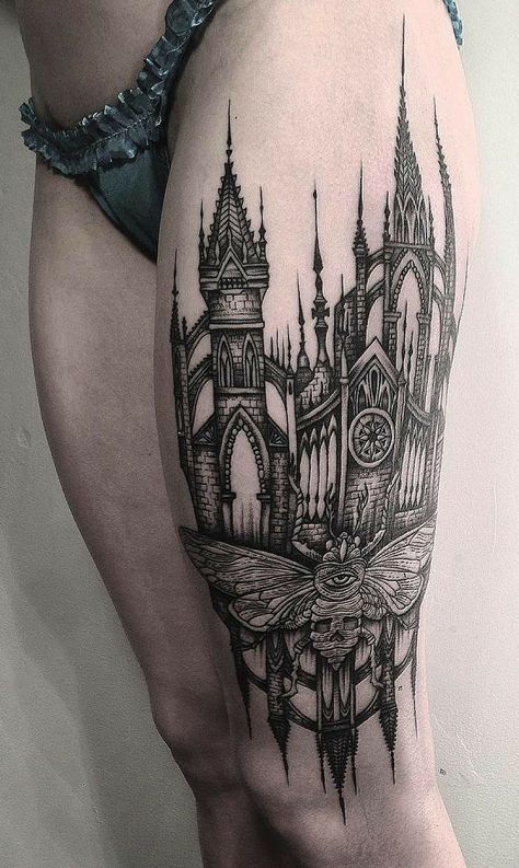 Harry Potter Castle Tattoo, Feminine Tattoos Ideas, Upper Half Sleeve Tattoos, Cathedral Tattoo, Dark Feminine Tattoos, Gotik Tattoo, Harry Potter Castle, Backpiece Tattoo, Lace Tattoo Design