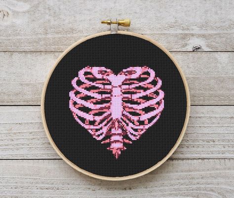 Skeleton Heart Cross Stitch Pattern This pattern is an instant digital download PDF. 📌 Stitches Required: Full cross stitches 🧵 Colors Required: 5 DMC floss colors 🧵Fabric: 14-count 🧵 Size: 120 x 120 stitches 🧵 Fabric Size: 8.5 x 8.5 inches    ------------------------------------------------------- 📌 PDF Included: ✅ Pattern in color symbols with floss legend on several sheets (ideal for printing); ✅ Pattern in color symbols on 1 sheet (ideal for tablet or printing); ✅ List of DMC thread co Pink Cross Stitch, Heart Cross Stitch Pattern, Love Cross Stitch, Heart Cross Stitch, Skeleton Heart, Stitch Diy, Pink Cross, Printable Chart, Cross Stitch Heart