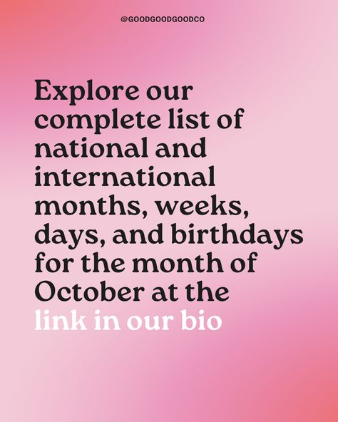 Every month, hundreds of national and international celebrations are dedicated to raising awareness and support for meaningful causes.⁠ ⁠ Keeping track of the next relevant awareness event can be challenging.⁠ We’re here to help!⁠ ⁠ 👉🏼 Tap the link in our bio to read our extensive list of causes, events, and additional opportunities to learn more about each topic.⁠ ⁠ #October #OptimismYourFeed #AwarenessDay Every Month, To Read, To Learn, Tap, The Next, Track, Reading, Instagram