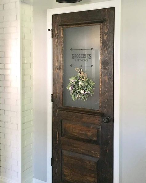 Old Door For Pantry, Antique Wood Pantry Door, Vintage Wood Pantry Door, Pantry Door With Frosted Glass Panel, Pantry Door Sign Ideas, New Pantry Door, Antique Doors For Pantry, Ideas For Pantry Doors, Pantry Door With Glass Window