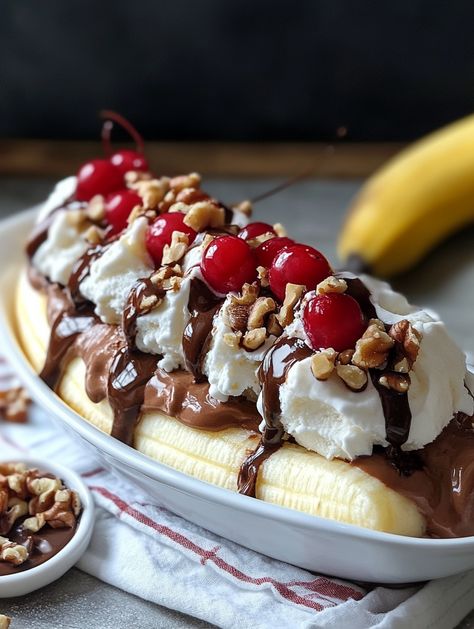 Epic Banana Split Delight 🍨  🍨 𝗜𝗻𝗴𝗿𝗲𝗱𝗶𝗲𝗻𝘁𝘀 🍨 1 perfectly ripe banana  3 scoops of ice cream 🍦 (vanilla, chocolate, and strawberry) Velvety chocolate syrup  Sweet strawberry syrup  Juicy pineapple tidbits  Fluffy whipped cream  Crunchy chopped nuts (your choice: walnuts, almonds, or peanuts) Luscious maraschino cherries 🍨 Instructions 🍨 Prepare the Banana: Peel your banana and slice it lengthwise. Lay the two halves in a sundae dish, creating the perfect base for your treat. Banana Split Aesthetic, Substitute Ingredients, Pineapple Tidbits, Ice Cream Vanilla, Banana Split Dessert, Fluffy Pancake Recipe, Chocolate And Strawberry, Banana Splits, Maraschino Cherries