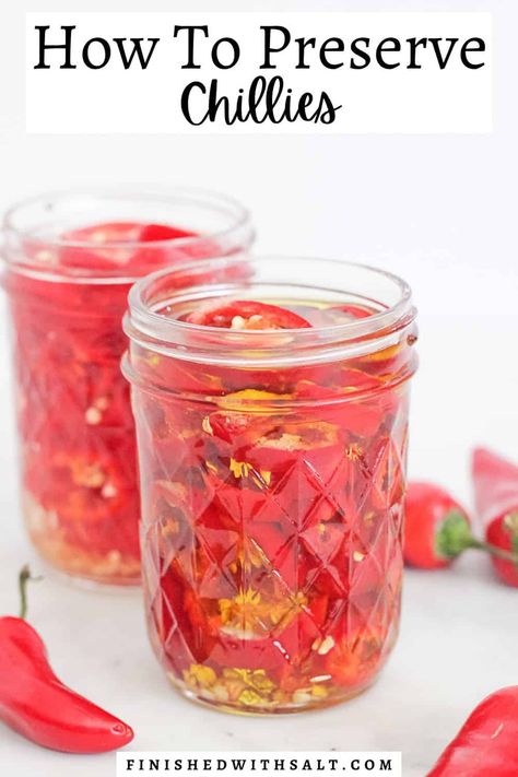 Learn how to preserve chillies in oil and in vinegar to have this wonderfully spicy fresh condiment on hand at all times! #finishedwithsalt #preserve #peppers #spicy #recipe #easy #chillies #fresh | finishedwithsalt.com How To Preserve Chillies, How To Preserve Fresh Chillies, Preserve Chillies, Preserving Peppers, Canning Peppers, Freezing Peppers, Chili Oil Recipe, Dried Chillies, Quart Size Mason Jars