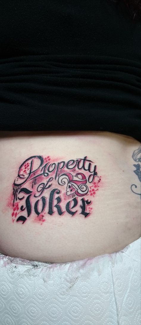 Property Of Joker Tattoo, Property Tattoos For Women, Property Of Tattoos Ideas, Harley Quinn Tattoo Stencil, Mad Love Tattoo, Harley Quinn Tattoo Ideas For Women, Property Of Tattoos, Harley Quinn's Tattoos, Harley Quinn And Joker Tattoo