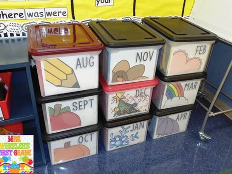 Monthly bins for seasonal activities Homeschool Classroom Setup, Organization Classroom, First Grade Parade, Creative Teaching Press, Trick Words, Student Numbers, Lakeshore Learning, Seasonal Activities, Go Math