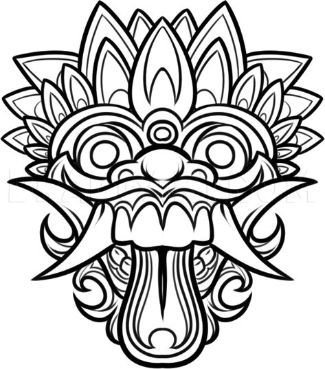 How To Draw A Balinese Mask, Bali Mask, Step by Step, Drawing Guide, by Dawn | dragoart.com Dragon Masks, Bali Mask, Balinese Mask, Chinese Mask, Drawing Dragon, Chinese Dragon Tattoos, Dragon Mask, Mask Drawing, Indonesian Art