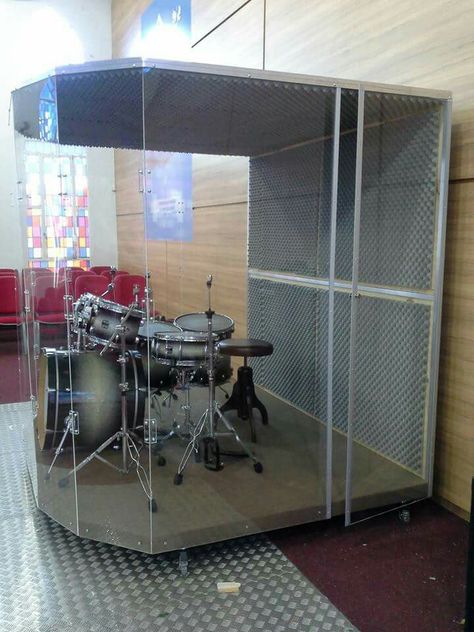 Drum Shield Ideas, Diy Drum Cage, Drum Enclosure, Drum Booth, Drum Cage, Acoustic Panels Diy, Ladder Shelf Diy, Diy Drums, Church Building Design