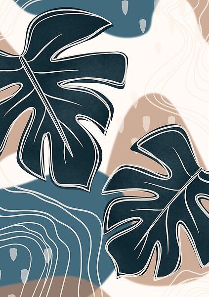 Cute and simple boho monstera design, in blue and brown color tones Boho Painting Wallpaper, Blue And Brown Wall Art, Simple Boho Art, Blue Boho Painting, Monstera Wallpaper Aesthetic, Boho Painting Blue, Simple Line Art Aesthetic, Aesthetic Plants Drawing, Simple Boho Painting Ideas