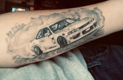 #drifttatoo #tattoo #s14kouki #240sx #nissan Supra Tattoo Ideas, 240sx Tattoo, Drifting Tattoo, Small Car Tattoos For Women, Jdm Car Tattoo, Car Themed Tattoos, Drift Tattoo, Car Tattoos For Guys, Car Lover Tattoo