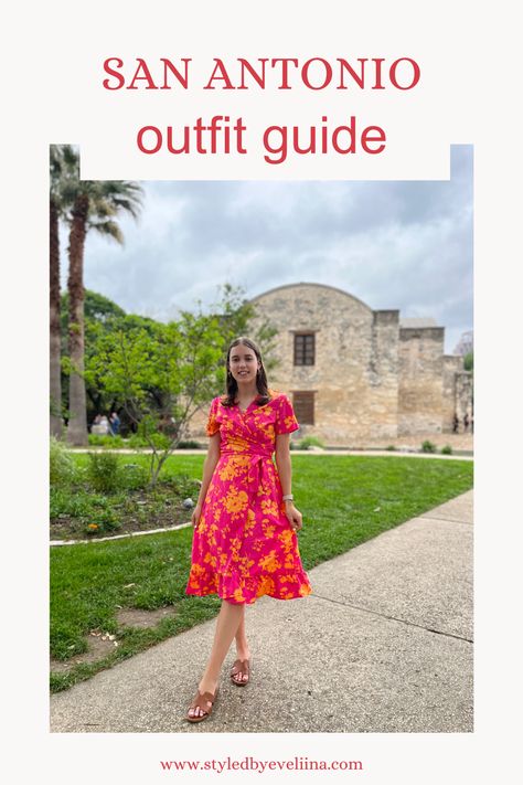 I went on a trip to San Antonio, Texas this spring and I wanted to do an outfit guide for you guys while I was there. It was really beautiful there but super hot already. I put together 8 outfits perfect for the San Antonio spring weather. Let’s get to the outfits! The trend colors for spring and summer are bold colors like this rasberry pink and butter yellow. Wrap dresses are so fun and flowy, perfect for the warm spring days. I wore this dress on the day we went to see the Alamo. #travel San Antonio Texas Outfits Summer, What To Pack For San Antonio Texas, Summer In Texas Outfits, Spring Texas Outfits, What To Wear In San Antonio Texas, San Antonio Outfit Spring, Outfits For San Antonio Riverwalk, Outfits For San Antonio Texas, San Antonio Style Outfits