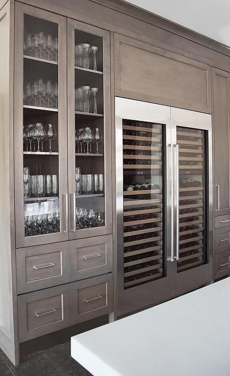 Sherwin Williams Poised Taupe, Doors Kitchen, Glassware Storage, Stunning Kitchens, Wine Fridge, Dining Storage, Kitchen Pantry, Glass Doors, Ideas Kitchen