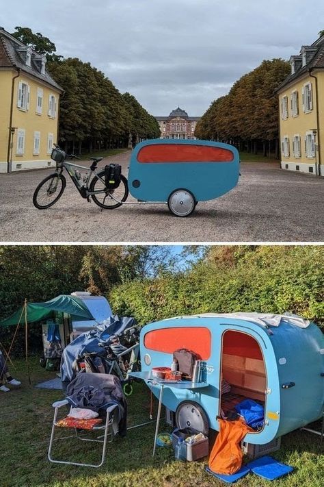 Bicycle Camper Trailer Diy, Bicycle Camper Trailer, Micro Camper Trailers, Bike Accessories Diy, Bicycle Camper, Bike Camper, Bicycle Trailers, Camper Diy, Bike Cargo Trailer