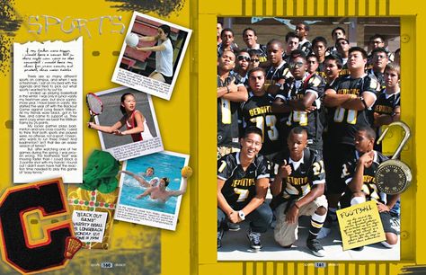 Sports layout for yearbook. Theme: Beyond All Limits...do polaroid pop-outs, so they're beyond the box :) Yearbook Sports Spreads, Scrapbook Yearbook, Yearbook Committee, Creative Yearbook Ideas, Sports Layout, Senior Superlatives, Photo Zine, 2000s Theme, Zine Ideas