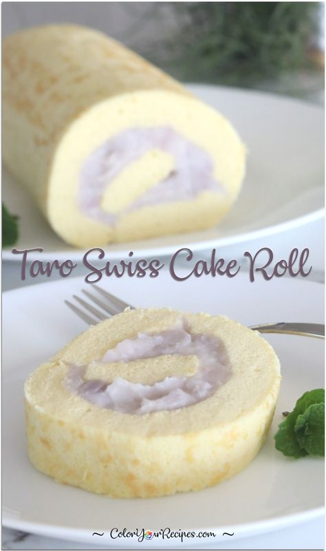 Taro Swiss Cake Roll • Color Your Recipes Taro Cake Recipe, Swiss Cake Roll, Taro Recipes, Chinese Deserts, Taro Cake, Ogura Cake, Swiss Roll Cakes, Swiss Cake, Ube Recipes