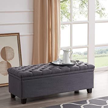 BELLEZE 48" Rectangular Hinged Lid Lift Top Laguna Button Tufted Fabric Storage Ottoman Bench, Grey Button Storage, Mid Century Modern Storage, Upholstered Entryway Bench, Linen Bench, Fabric Storage Ottoman, Entry Bench, Modern Ottoman, Upholstered Storage Bench, Tufted Ottoman