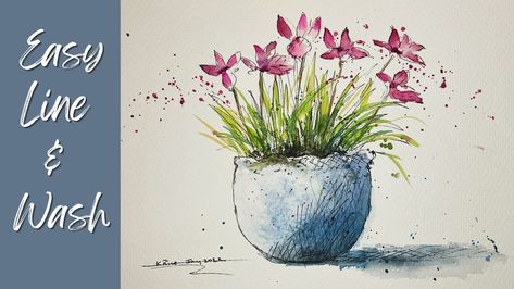 Easy Line & Wash Flower Painting Tutorial | Patreon Line And Wash Watercolor Flowers, Line Wash Watercolour, Watercolor Line And Wash, Easy Watercolour Drawings, Watercolor And Ink Tutorial, Watercolor Art Lessons Step By Step, Line And Wash Watercolor Sketches, Watercolor Step By Step Tutorials, Pen And Wash Watercolour