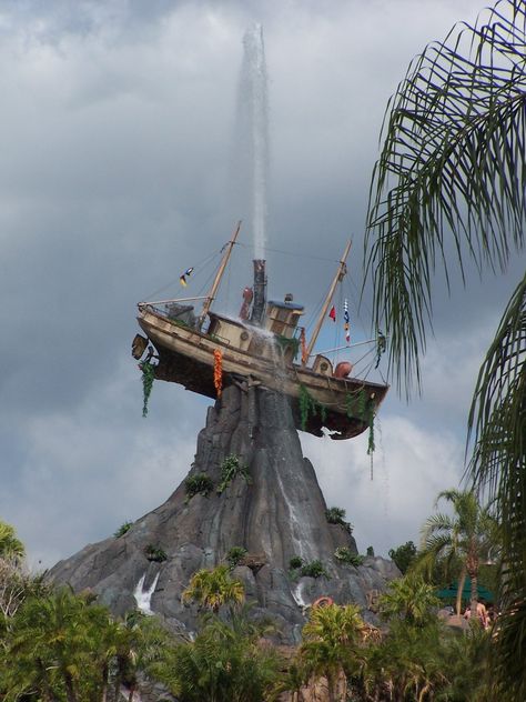 Typhoon Lagoon at Walt Disney World in Florida.  One of the water parks that are available to spend time a wet time at.  This vessel blows its top every now and then. Disney World Water Parks, Typhoon Lagoon, Water Theme Park, Disney World Florida, Fall Background, World Water, Water Parks, World Trip, Disney World Trip