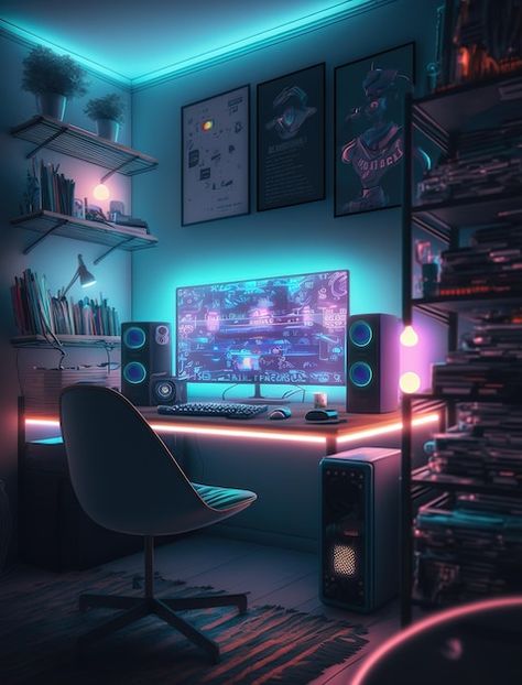 A computer desk with a monitor that says... | Premium Photo #Freepik #photo #gamer-room #gaming-room #bedroom-background #game-room Gaming Pc Background, Gaming Room Background, Shtf Vehicle, Background Game, Room Gaming, Background References, Computer Gaming Room, Bedroom Background, Computer Room