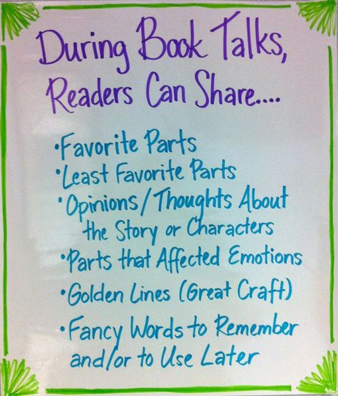 Book talk anchor charts Book Club Activities, Kids Book Club, Reading Anchor Charts, Reading Club, Elementary Library, 5th Grade Reading, 4th Grade Reading, 3rd Grade Reading, Library Lessons