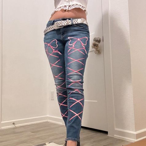 Coquette Custom Painted Jeans Jeans with hand... - Depop Lana Del Rey Fashion, Coquette Jeans, Custom Painted Jeans, Nana Fashion, Pink Horror, Hand Painted Jeans, Anime Nana, Painted Jeans, Ballet Fashion